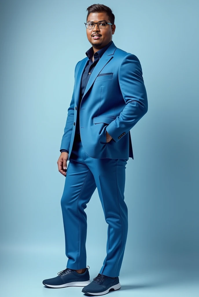 A half-body fashion portrait of a male model wearing a modern outfit with a blue tonal palette, big body, muscular, wearing glasses, standing in a professional studio. The outfit features sleek lines and contemporary design, complemented by accessories tha...