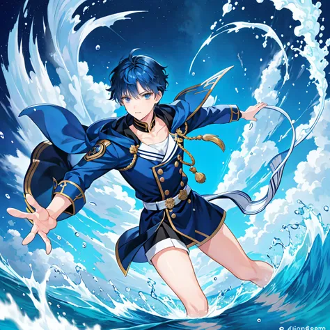  blue hair, Navy Hair,  short hair,  male student,  wizard, prince,  playing in the water