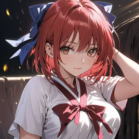 ( Perfect Anatomy), ((32K)), (( top quality )), ((超 high res)), (( high res)), ((超 high res)), ((Highly detailed CG)) , One Girl 、hisui kohaku, kohaku (Tsukihime), short hair, bow, hair bow, red hair, brown eyes, medium breasts,,( cowboy shot