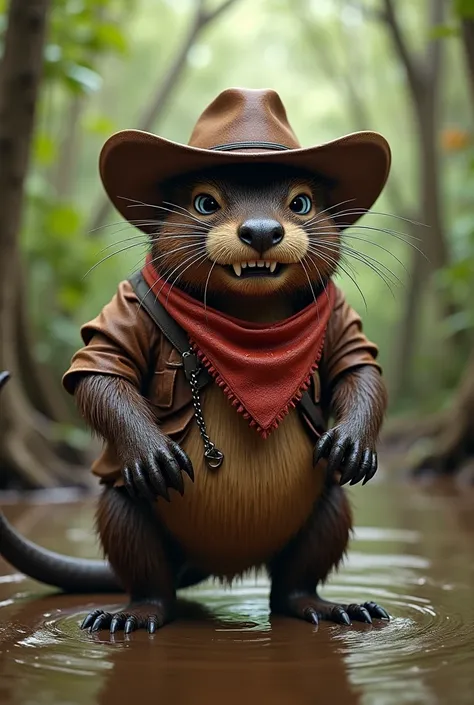 Un rat musqué dans le Bayou habillé en cowboy qui montre les dents.