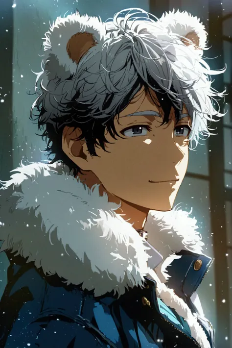  silver hair, Medium and messy hair , man, s,  black eyes ,  white eyebrows ,  with your mouth shut,gentle smile, trusting, Blue shirt,  jacket with white bear fur on the collar,  simple background , anime, 