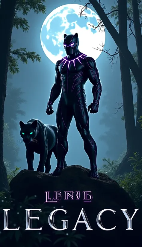 A sleek, imposing figure inspired by Black Panther stands poised on a jungle outcrop, his vibranium suit glinting with purple accents in the moonlight. Beside him prowls a shadowy black panther, its emerald eyes glowing. Towering trees and misty jungle fol...