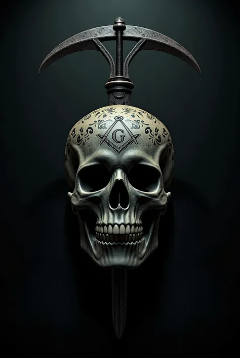 A skull wearing a spartan hemlet tattoo with a Masonic emblem carved into the front. A sword and a scythe crossed behind the helmet.