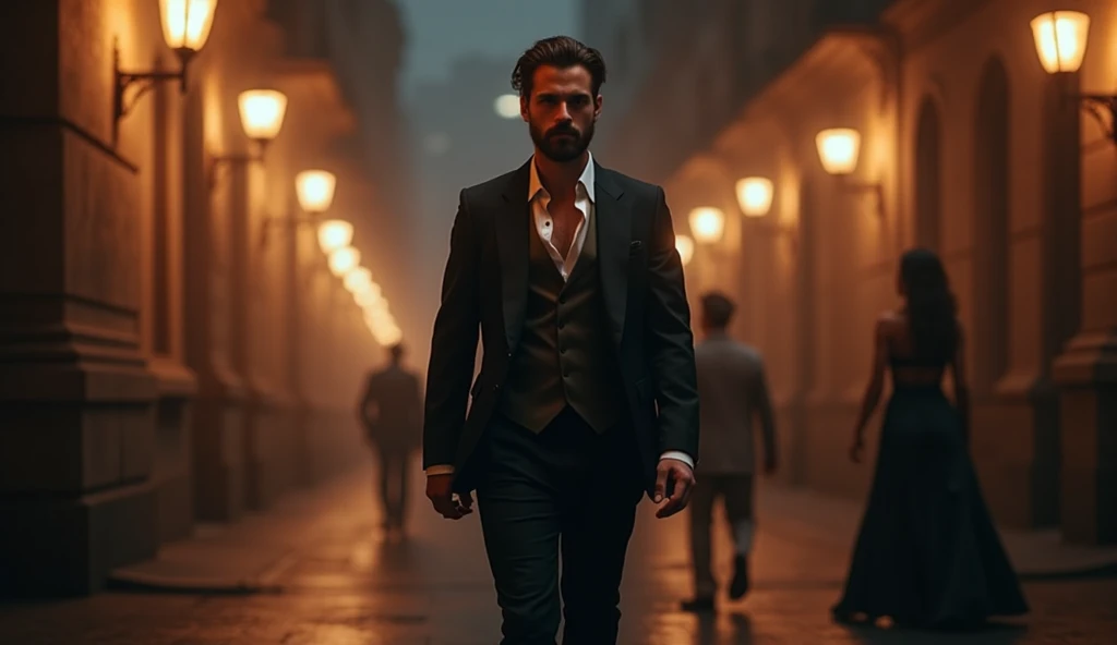 full shot, full body, of elegant seductive man with beard and mustache walking in a city, a woman is seen in a corner, night scene, oil lamps in background, professional lighting