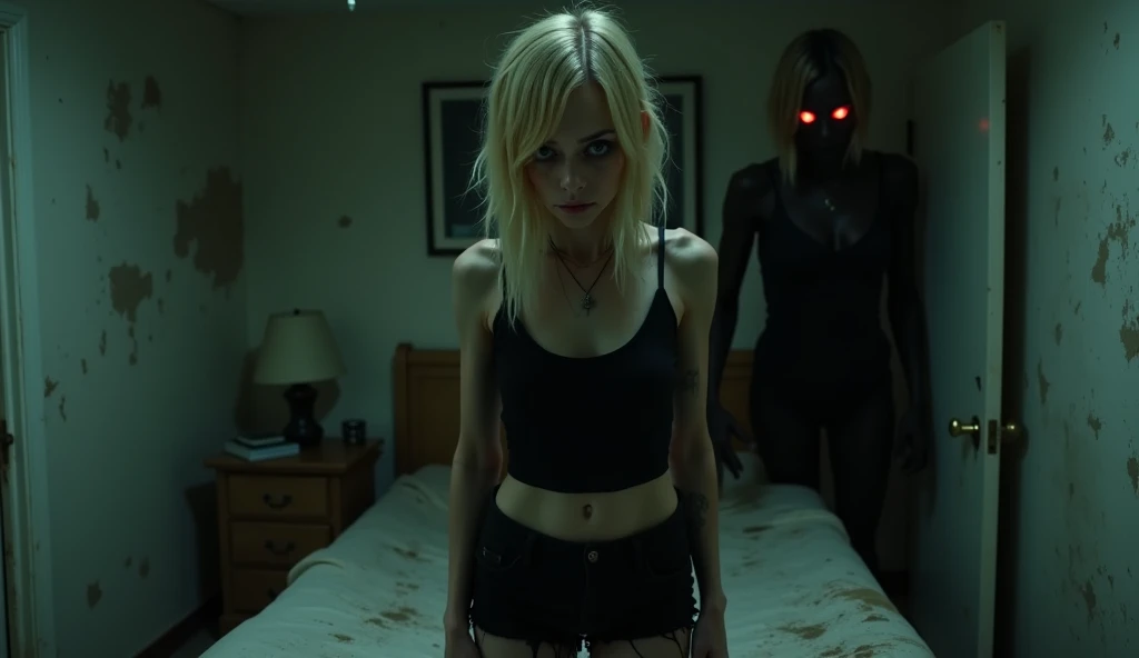 Wide shot, full body, realistic photography of a frail, drug-addicted young blonde woman resembling Emma Stone, with a large interpupillary distance. She stands fully visible from head to toe in front of her unmade bed, wearing a black tank top and black s...