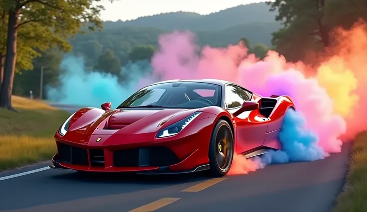 Ferrari strolling down a road releasing colorful smoke on the tires 