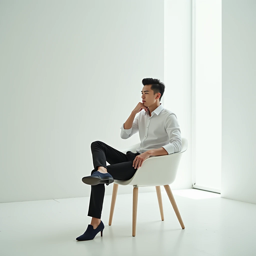 A handsome indonesian young man sits gracefully on a modern chair in an all-white room, exuding elegance and charm. The composition is minimalistic, with soft, natural light streaming in to create gentle highlights and shadows that accentuate his sharp fea...