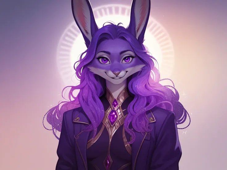 (masterpiece) (high quality) (best quality) (1girl), (solo), (Intricate detailing:1.2), a purple fox anthro furry purple fox with rabbit ears,long purple jacket,very detailed,highly detailed,beautiful intricate design,fantasy,vibrant colors,ethereal,painte...