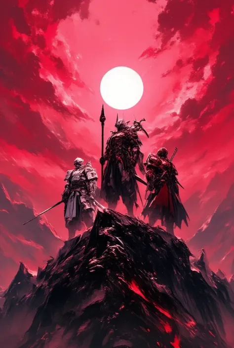 Image of a group of crossed warriors in three colors, white, black and red,   standing on top of a mountain. In the center of the image is the sun in white, the mountain in black and the sky in red  .
