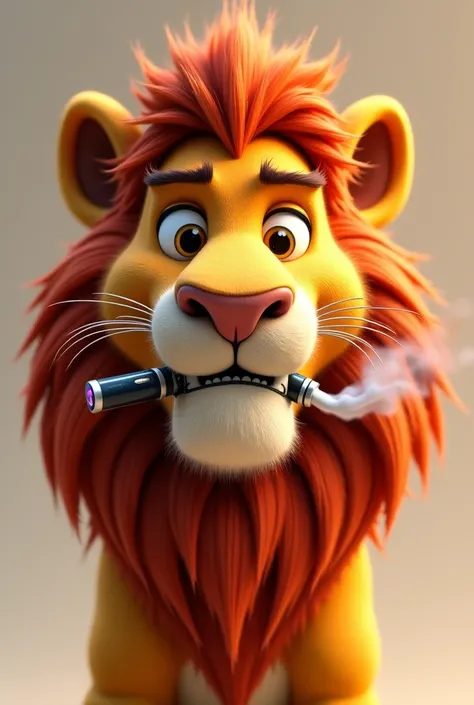 Image of the face of an animated lion with an electronic cigarette in its mouth
