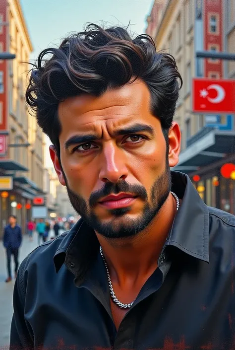  wonderful painting , 1 The actor Engin Tan , Great style,  urban street clothes ,  outdoor ,  the upper part of the body ,  Al-Ghazi Ertugrul, bright eyes, Black hair, Awesome man