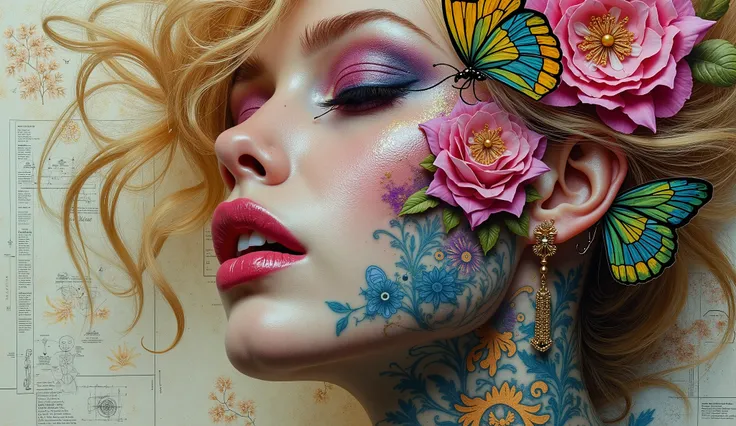 Multi-layered, complex surreal collage in the style of Antonio Mora and Mark Schulz. Depict the powerful ecstasy and passion of a woman (full body, tousled blonde hair, makeup, multi-colored with bright precise details and petals), (attention to detail), v...