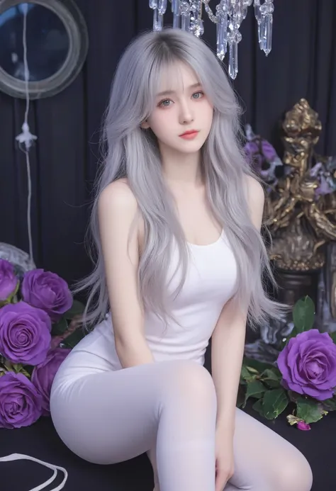 Silver Hair,crystal hair, Butterfly,Long white hair,8k wallpaper,Detailed background,Maximum resolution,Drawstring,Chies,purple Rose,Tight Fit,High socks,stocking,ins