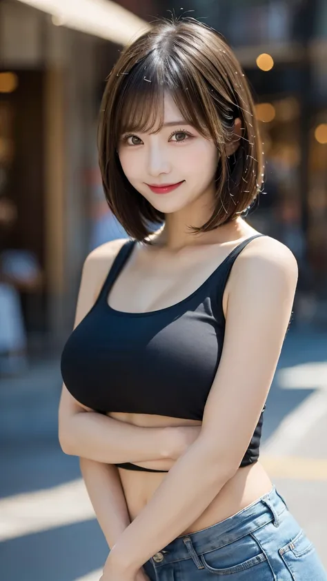  shopping street: ((tight black shirt and denim shorts)),  top quality , shape, 非常に Detailsな,  Details,  high res, 8k wallpaper,  perfect dynamic composition,  beautiful detail,   natural lips, Tight T-shirt, ((H cup breasts)), ((( huge breasts that have j...