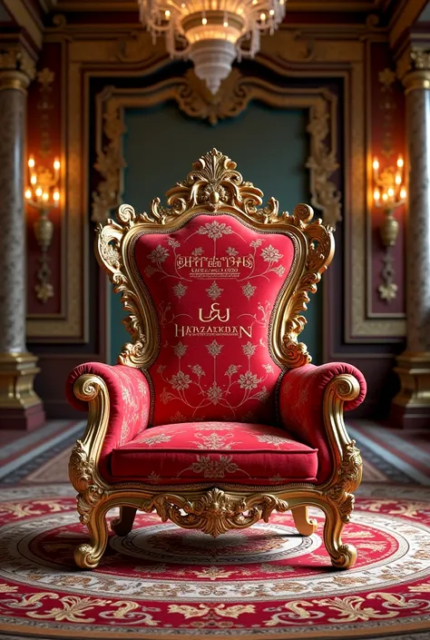 A luxurious royal chair has been placed in a beautiful room and the name of Raza Khan Orakzai has been skillfully inscribed on this chair. 