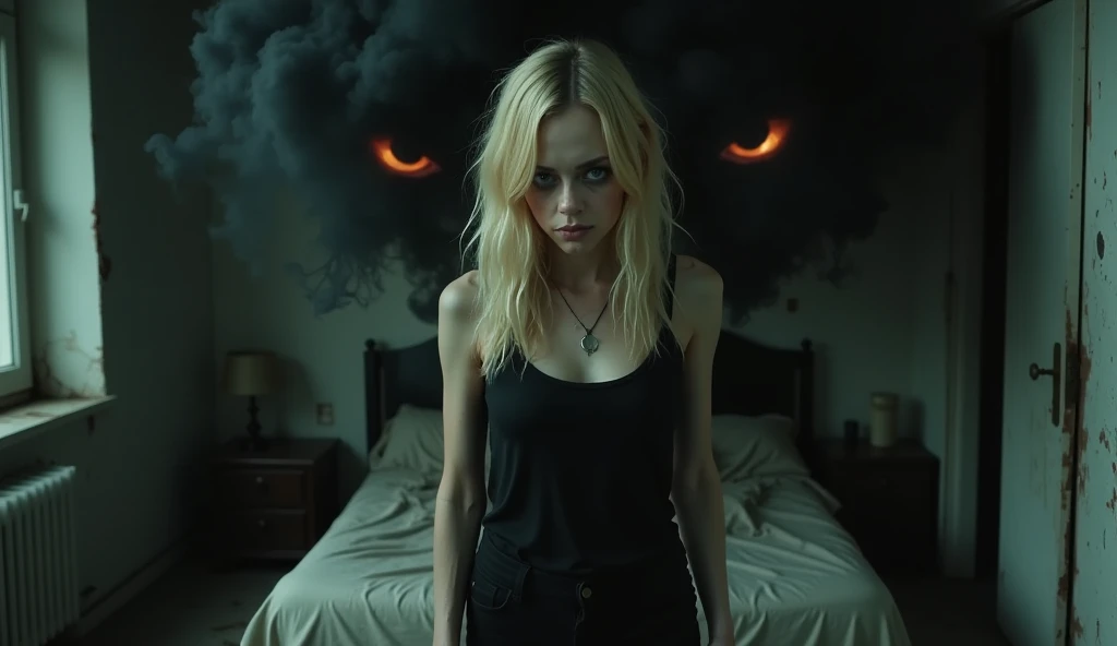 Wide shot, full body, realistic photography of a frail, drug-addicted young blonde woman resembling Emma Stone, with a large interpupillary distance. She stands fully visible from head to toe in front of her unmade bed, wearing a black tank top and black s...