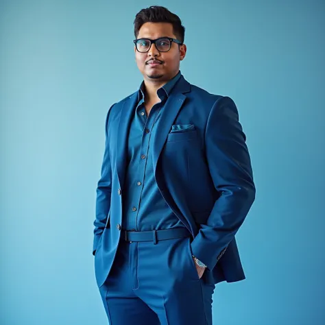 A half-body fashion portrait of a male model wearing a modern outfit with a blue tonal palette, big body, muscular, wearing glasses, standing in a professional studio. The outfit features sleek lines and contemporary design, complemented by accessories tha...