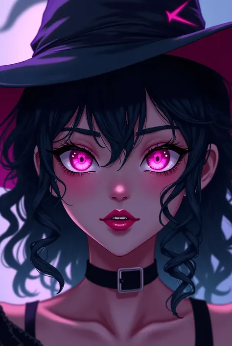 anime (girl 21 year old) (witch) (fair skin, dark tight curly hair, pink lips, eyeliner, smoky eyes, seductive expression)