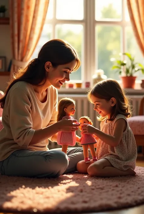 Realistic image of mother and daughter playing with dolls