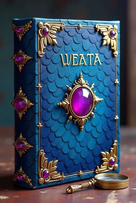  A large tall book made of blue dragon scales and a ruby in the form of purple in the middle and letters that read  "Vegetas diary " On the cover of the book and with a small magnifying glass next to him he threw out Nederita 