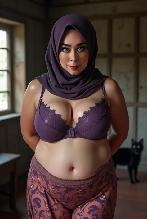 BBW GIGANTIC BIGGER, (((HIJAB MALAY GIRL))), masutepiece, High quality, UHD 32K, Realistic face, Realistic skin feeling , A Malay Lady, , , ((Very cute and baby-like face)), (((FLAT CHEST))), (RUMAH KAYU LAMA), ((look In front  at the camera and SADNESS)),...