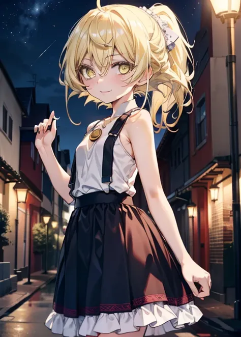 アイスWallenstein, Wallenstein, blonde, Hair between the eyes, hair band, Long Hair, (Yellow Eyes:1.5),happy smile, smile, Close your mouth,smile,blush,Long vest,Tank top shirt,Heart Pendant,Long skirt,Cute Sandals,Clear skies,歩いてるbreak looking at viewer,(Cow...