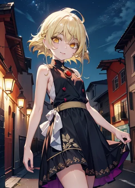 アイスWallenstein, Wallenstein, blonde, Hair between the eyes, hair band, Long Hair, (Yellow Eyes:1.5),happy smile, smile, Close your mouth,smile,blush,Long vest,Tank top shirt,Heart Pendant,Long skirt,Cute Sandals,Clear skies,歩いてるbreak looking at viewer,(Cow...