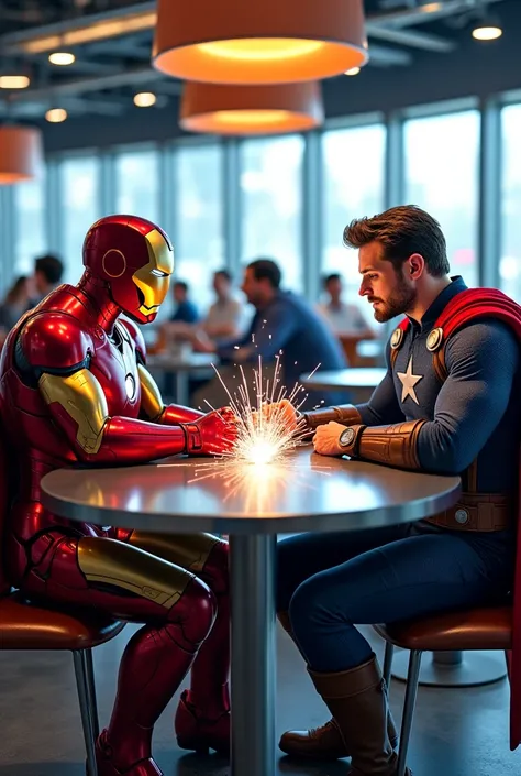 A lively modern café with a mix of futuristic and Norse décor. Iron Man sits confidently at a sleek metallic table, his suit glowing faintly in red and gold. Captain America, dressed in his iconic blue and silver suit with the star emblem, looks serious, l...