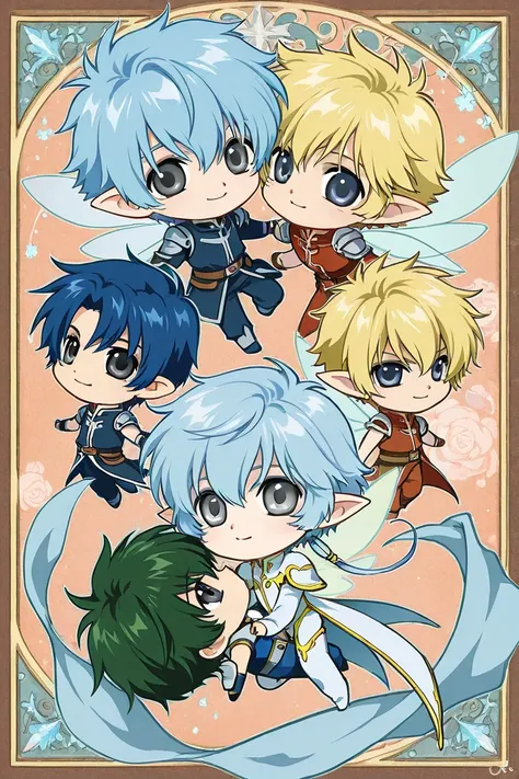 Boy chibi elf fairy boy blue haired with gray eyes. Has wings. He is brave and smiling. Clamp Tsubasa chronicles drawing shoujo manga style. 