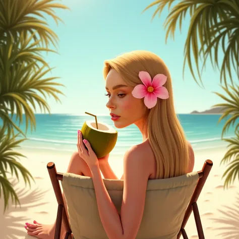 Blonde woman, long straight hair, Sitting on a beach chair, with a pink flower on her ear, drinking coconut water