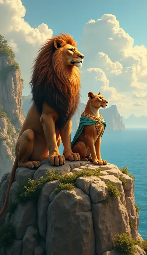 Make a anthropomorphic lion family male female and daughter they face looks like animals sitting like human and wearing luxury cloth stand in mountain hear by sea