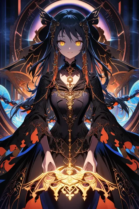 A teenage anime girl with a kind yet mysterious demeanor, symbolizing her connection to locks and keys. She has a slender build and wears an elegant, gothic-inspired outfit with intricate patterns resembling locks and keys. Around her neck hangs a glowing ...