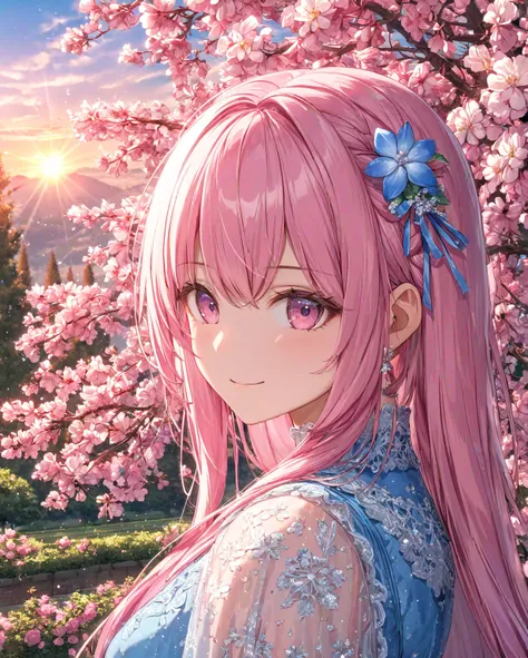 1girl, solo, Pink Shine Bright Hair, hair between eyes, Long hair, loose hair,beautifully styled hair, aesthetic detailed eyes, (Pink shiny Bright Eyes), looking at viewer,(pale cheeks), (skin colored cheeks), Mesmerise, Little smile, closed mouth, (half b...