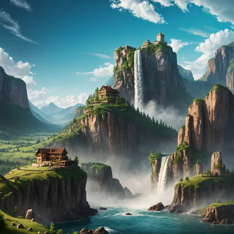 painting of a waterfall in a mountainous area with a house on the top, vertical wallpaper, 4 k vertical wallpaper, 4k vertical wallpaper, 8 k vertical wallpaper, 8k vertical wallpaper, ross tran. scenic background, beautiful mattepainting, 4 k matte painti...