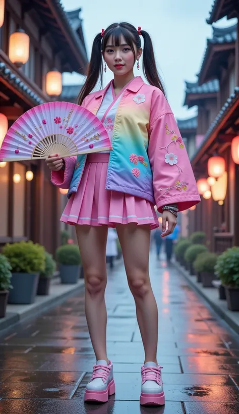 A vibrant young woman named “Karakuri Hanabi,” 
dressed in a modified traditional jacket with subtle rainbow gradients and sakura petal patterns, 
paired with a pleated skirt edged with faint neon circuit lines, 
her long twin-tails fade into a soft pastel...