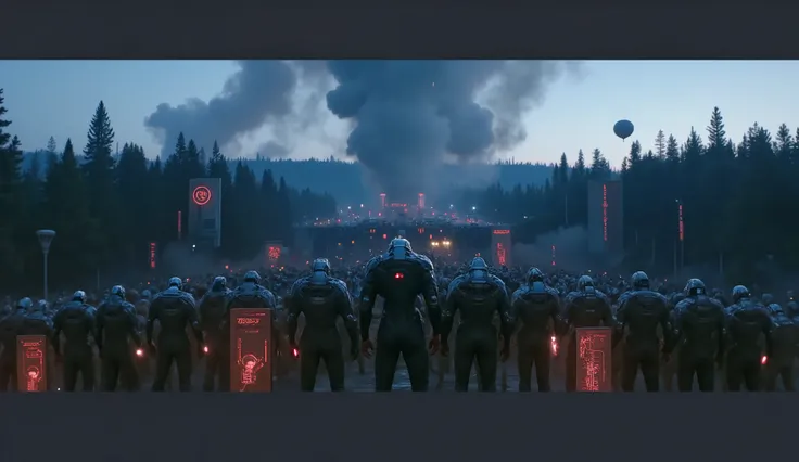 A cinematic image depicting a massive legion of futuristic cyborg warriors in formation during an intense battle at dusk. The soldiers, blending advanced robotics with humanoid features, are clad in metallic blue armor with glowing circuitry patterns, hold...