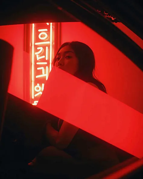 Cinematic photography of a tall skinny beautiful Korea sensual actress Bae Doona naked inside a car with a shadow of red neon sign on the glass window, (((Bae Doona realistic face))), (((very beautiful thin face))), (((perfect detailed eyes))), (((very poi...