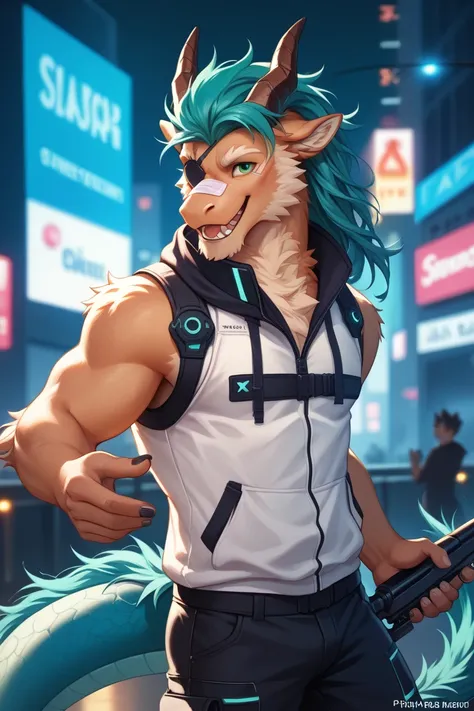 (solo), anthro male, teal dragon, majestic mane, green eyes, sleeveless hoodie, tail, Long teal hair , regal hair, detailed fluffy fur, tan chest, white shirt, decorative uniform, sniper in hand, white bandaged eyepatch, two ram horns on head, sleeveless, ...