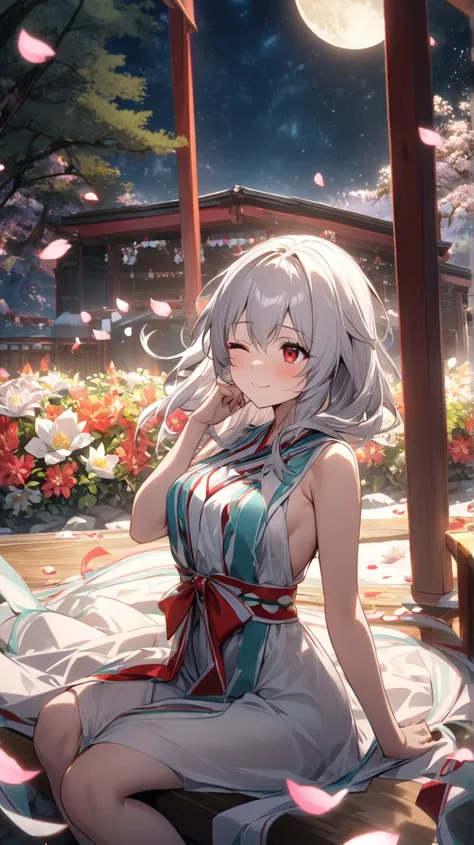 ( top quality, ),  beautiful women (Red eyes), elements. well-groomed face 、 Shy Expression 、 Silver Hair、 red eyes、smile(one eye closed、Looking up)、                    Ultra Fine            ,  A Girl in a Glittering Shrine Maiden、 Surrounded by beautiful ...