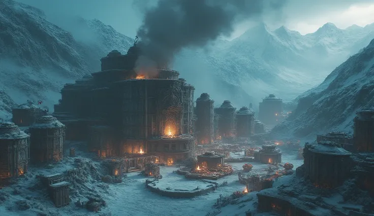 High snowy mountains, among which stands a colossal Forge of dwarves. A whole city of blacksmiths, full of amazing forges. Smoke is coming into the sky. Morning, bright sun. Snowstorm.