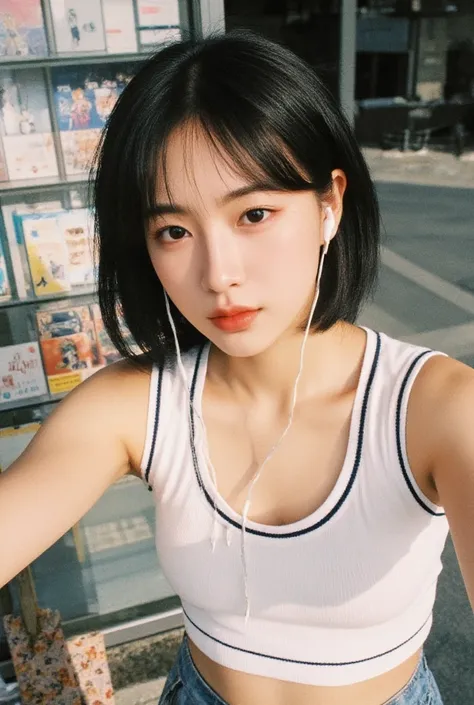 woman with earphones on, taking a selfie in front of a store. She wear sleeveless, white cropped tank top with a scoop neckline,  It features a contrast trim along the edges. The selife show belly button and above. She has dark-tone skin. a hyperrealistic ...