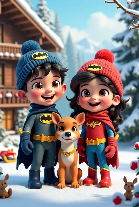 Two small and large ren with real and defined features, a joyful expression with their faces in front of the camera between the two ren, a puppy servant with big eyes, sweet expression, the two ren dressed in personalized costumes of Batman and Wonderwoman...