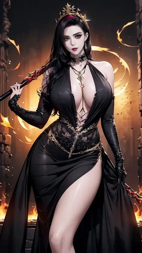 (best quality:2.0), (extremely detailed:2.0), (highly detailed:2.0),(archdemon · primordial fiend), (appearance resembling a 30-year-old woman but radiating 4000 years of wisdom and cruelty), (elegantly sinister and seductive female form in darkness), (dar...