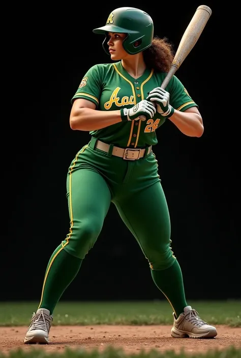 Curvy female character baseball player. Black background, green jersey team.

