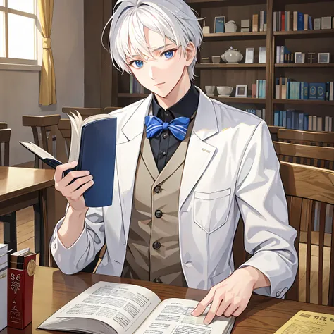 White-haired male student majoring in medicine is reading a book while eating in an old cafeteria