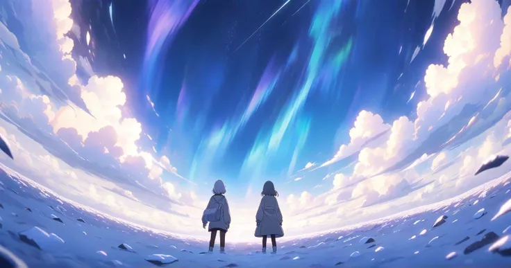 Snowy fields at night　 starry sky 　 Aurora　 girl with gray hair bob　 tattered white clothes　Person Distant 　 scenery main 　anime　from behind,  anime keyvisual,