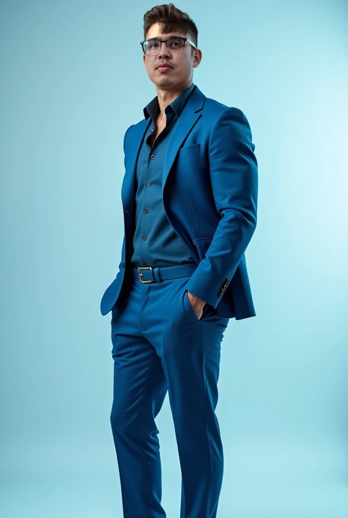 A half-body fashion portrait of a male model wearing a modern outfit with a blue tonal palette, muscular, wearing glasses, standing in a professional studio. The outfit features sleek lines and contemporary design, complemented by accessories that match th...