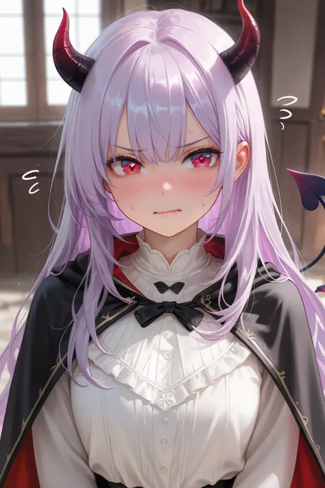 masterpiece, best quality, Detailed Eyes, girl, fantasy, long purple hair, kawaii, tsundere, red eye, small and black triangle shaped demon horn, clumsy, emberrassed, cutie face, semi realistic, 8k, black cape, small demon wing, white blouse, nervous emoti...