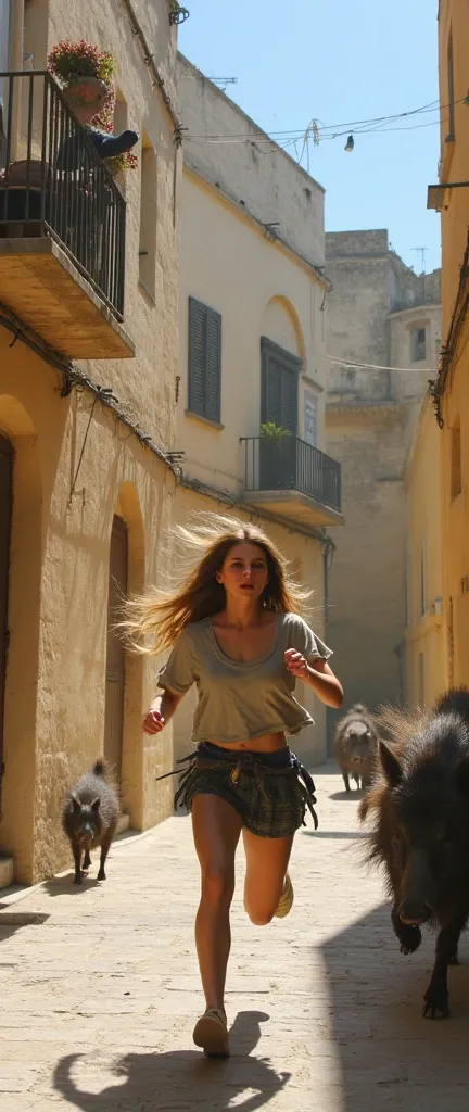 a pretty girl who runs and screams through the streets of Matera chased by a pack of hungry wild boars