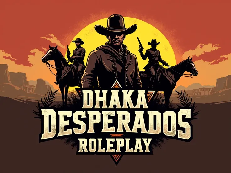 "Create a logo for a Red Dead Redemption 2 roleplay server named Dhaka Desperados Roleplay. The design should feature Western-themed elements such as cowboys, horses, revolvers, and a sheriffs badge. Incorporate a rugged, dusty desert landscape in the back...